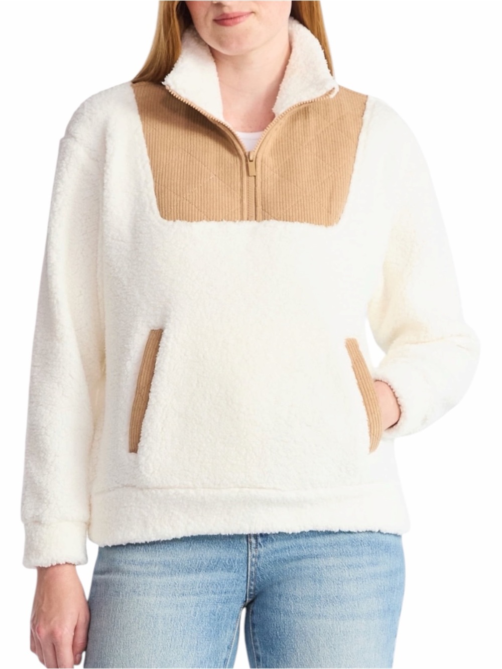 TIME AND TRU Plush Cream Fleece Quarter Zip Pullover with Brown Corduroy Trim